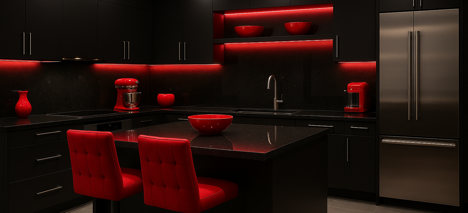 Black Luxury Kitchen Cabinets with black top and red accessories